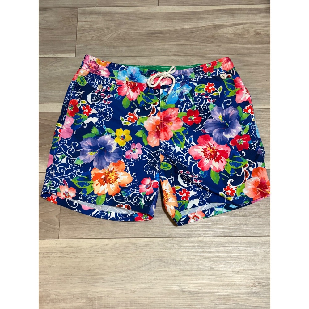 Polo Ralph Lauren Mens Floral Hibiscus Swim Trunks Blue Tropical Shorts Large